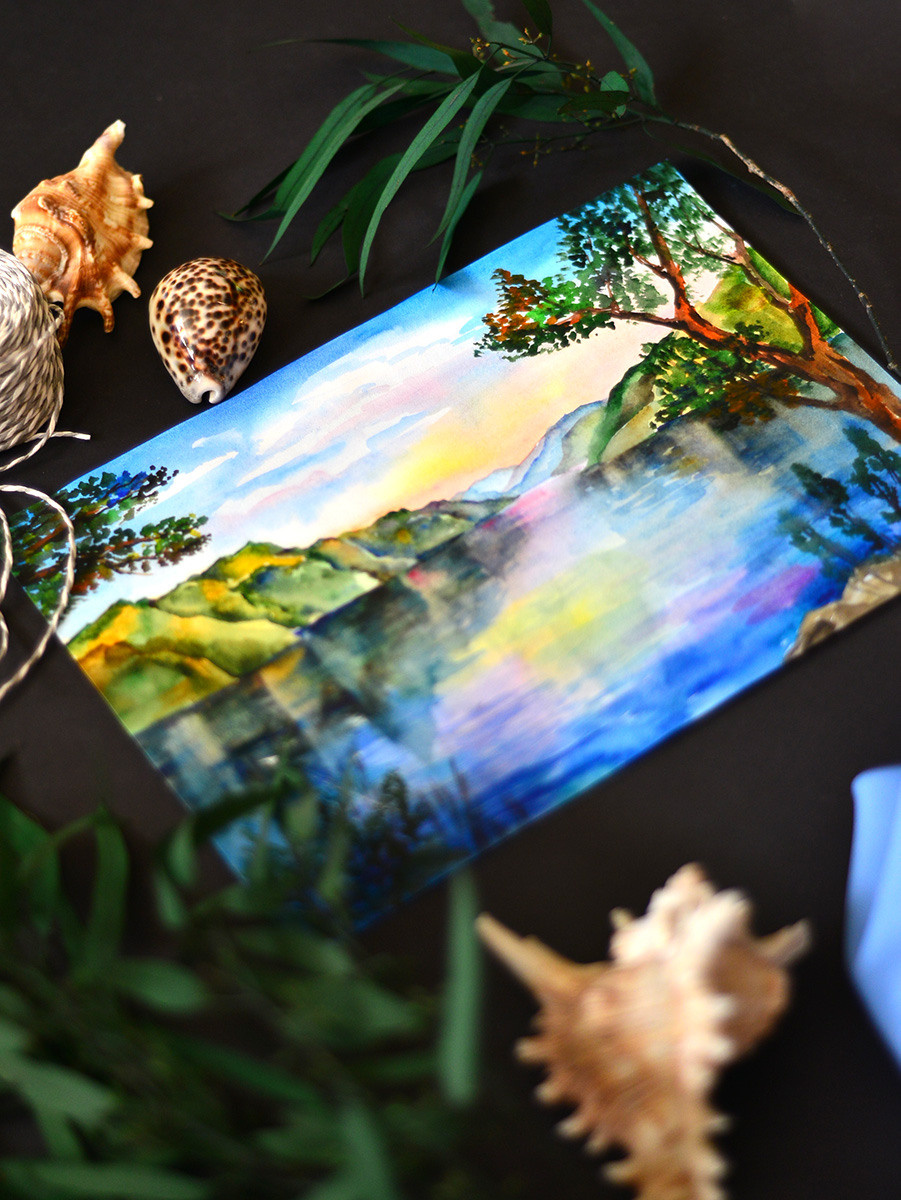 Телецкое озеро на закате. ФотоКисточка. Акварель. Арт-галерея картин Анастасии Дерий