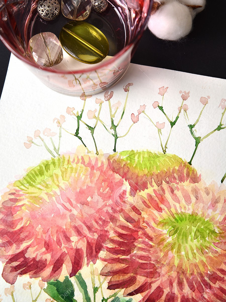 Букет розовых хризантем. ФотоКисточка. Акварель. Арт-галерея картин Анастасии Дерий