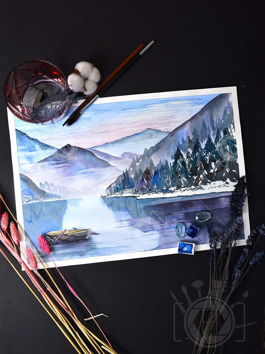 Тишина на озере Рица. Абхазия. ФотоКисточка. Акварель. Арт-галерея картин Анастасии Дерий