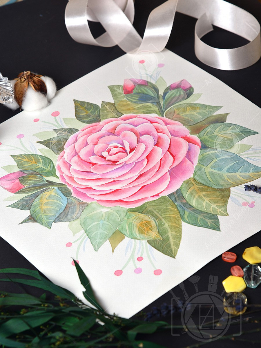 Розовая камелия. ФотоКисточка. Акварель. Арт-галерея картин Анастасии Дерий
