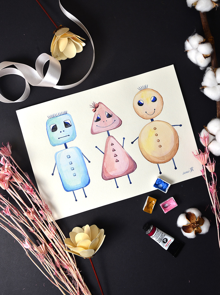 Три робота. ФотоКисточка. Акварель. Арт-галерея картин Анастасии Дерий