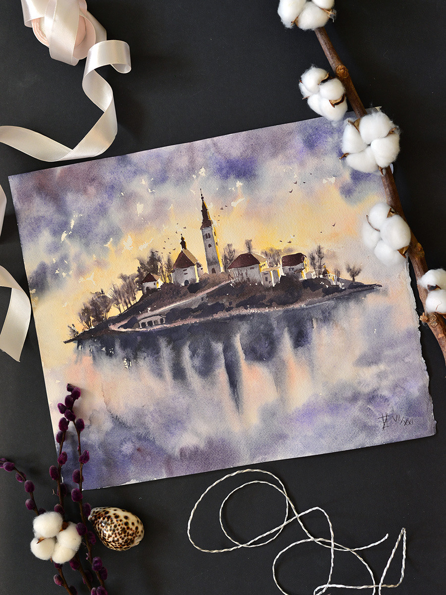 Загадочный остров с замком. ФотоКисточка. Акварель. Арт-галерея картин Анастасии Дерий