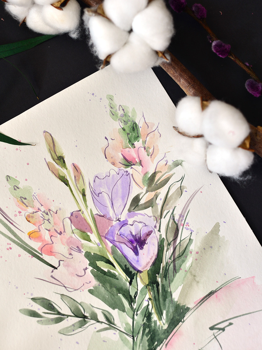 Нежный букет цветов. ФотоКисточка. Акварель. Арт-галерея картин Анастасии Дерий