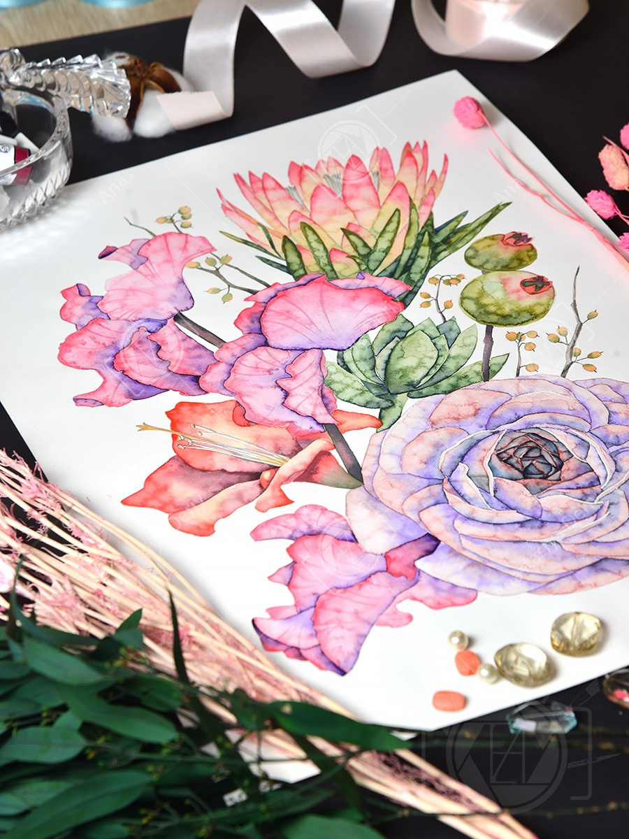 Букет необычных цветов. ФотоКисточка. Акварель. Арт-галерея картин Анастасии Дерий