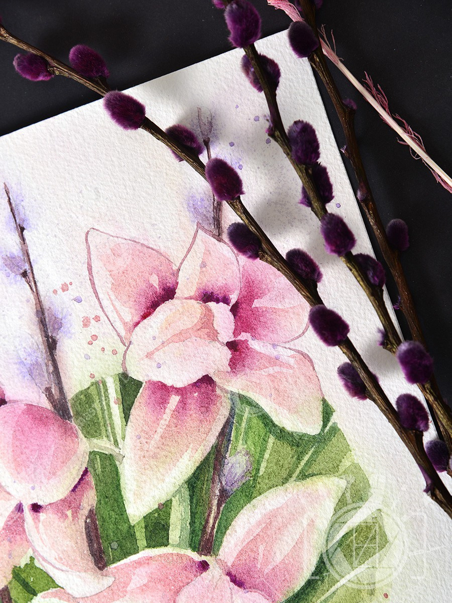 Букет с орхидеями. ФотоКисточка. Акварель. Арт-галерея картин Анастасии Дерий