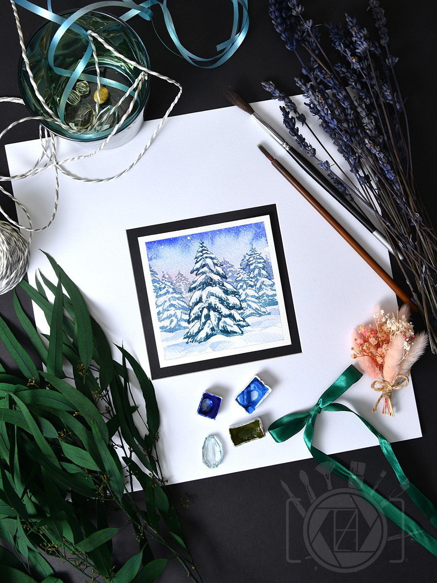 Зимние мини-пейзажи. Деревья. ФотоКисточка. Акварель. Арт-галерея картин Анастасии Дерий