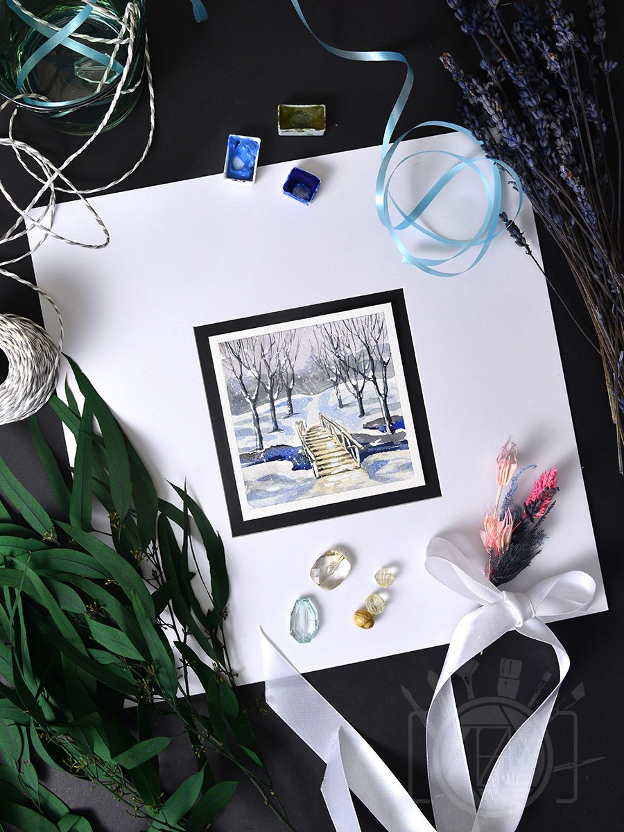 Зимние мини-пейзажи. Деревья. ФотоКисточка. Акварель. Арт-галерея картин Анастасии Дерий