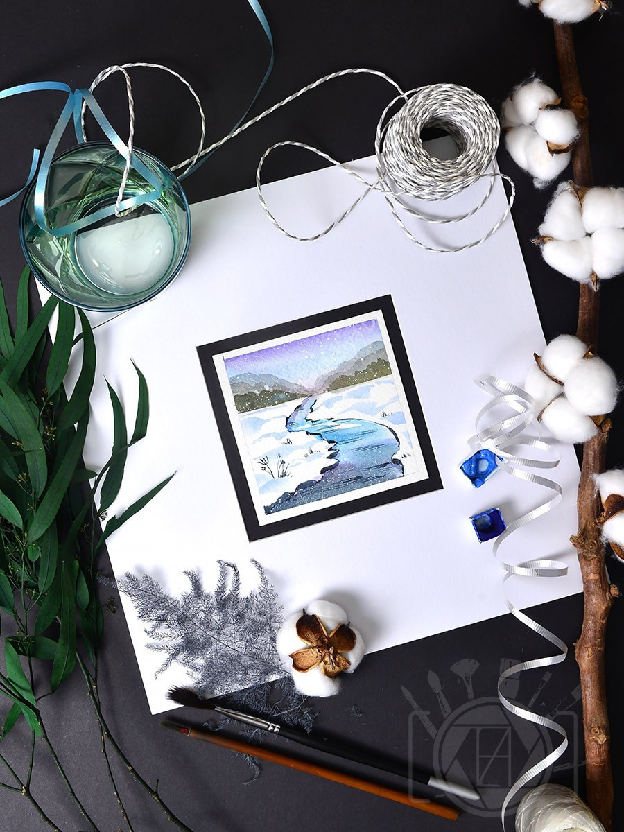 Зимние мини-пейзажи. Реки. ФотоКисточка. Акварель. Арт-галерея картин Анастасии Дерий