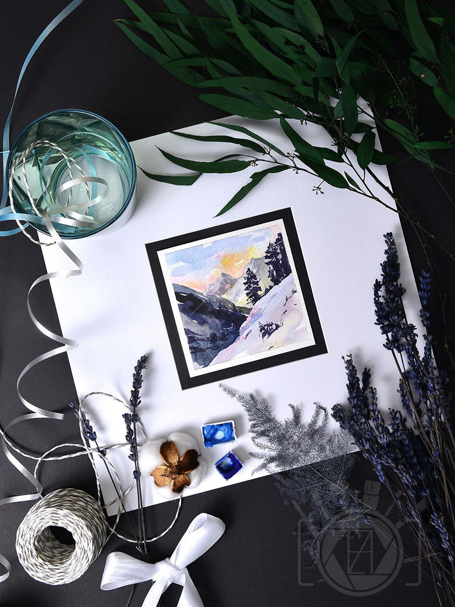 Зимние мини-пейзажи. Горы. ФотоКисточка. Акварель. Арт-галерея картин Анастасии Дерий