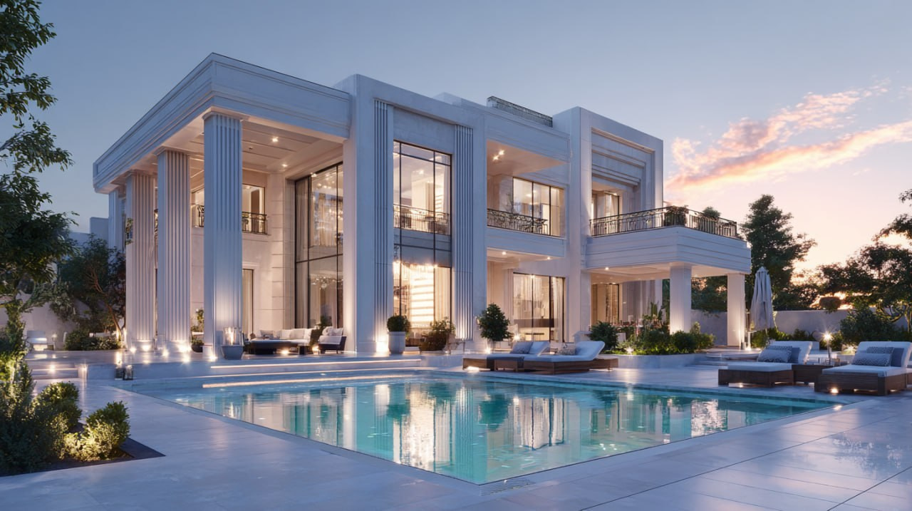 Особняк в неоклассическом стиле с массивными колоннами, панорамным остеклением и бассейном на террасе