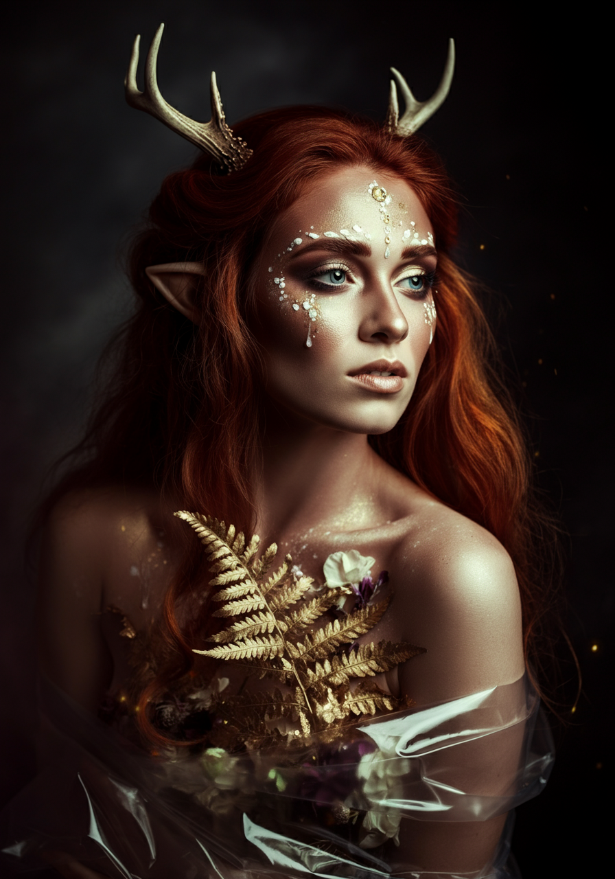 Студийный косплей эльфийки с эфектным макияжем, плёнкой, папоротником и оленьими рожками