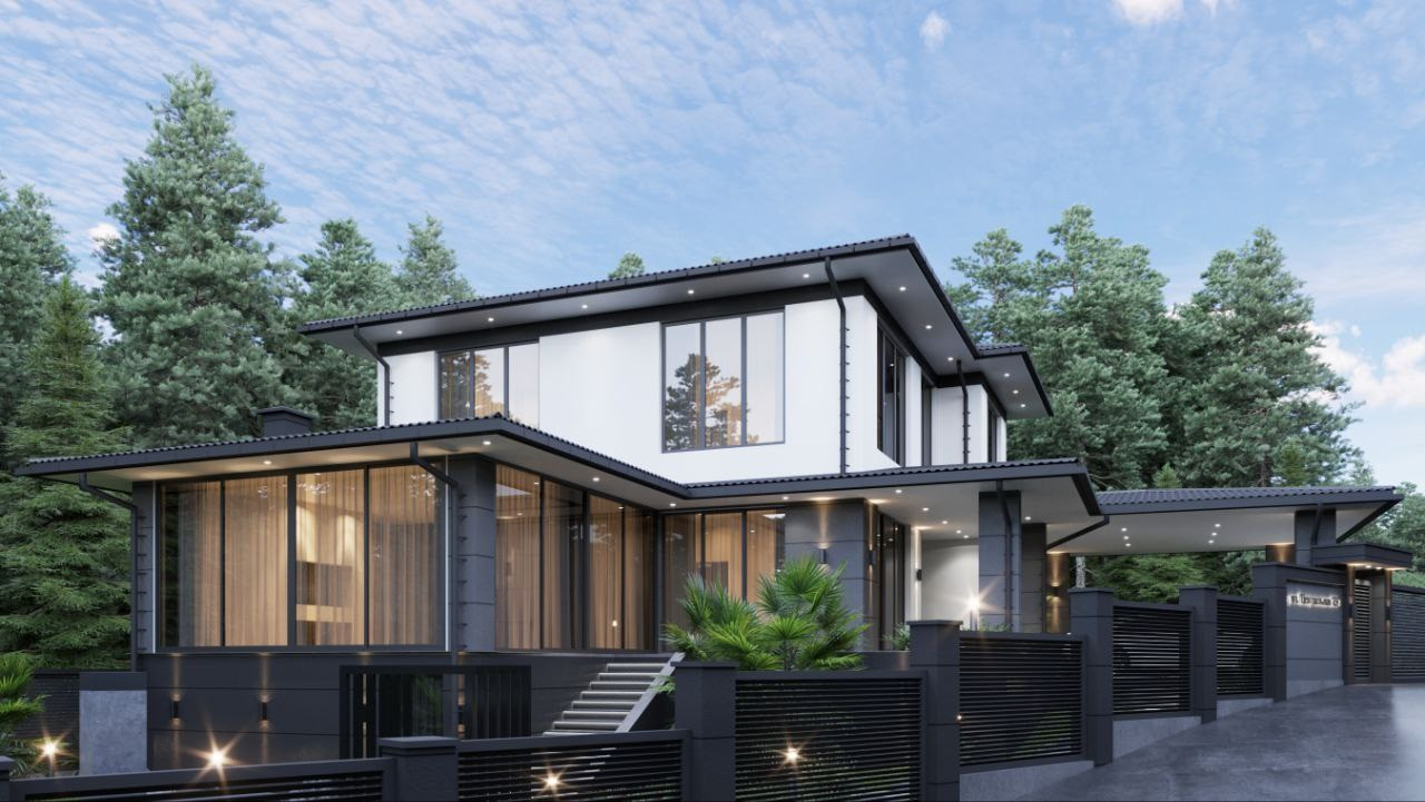 Проект дома с большими витражными окнами для ценителей изящных линий и современного дизайна. Архитектор Вера Каракезиди