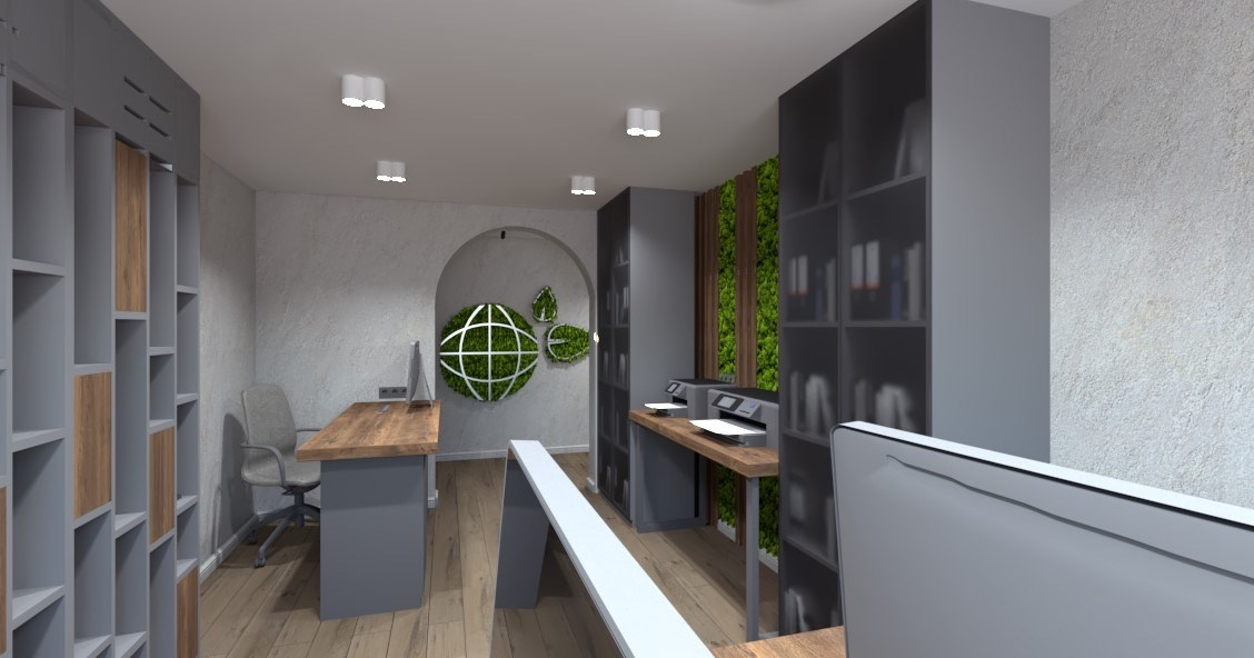 Дизайн интерьера офиса в современном стиле. Интерьер кабинета для сотрудников. Визуализация дизайн проекта