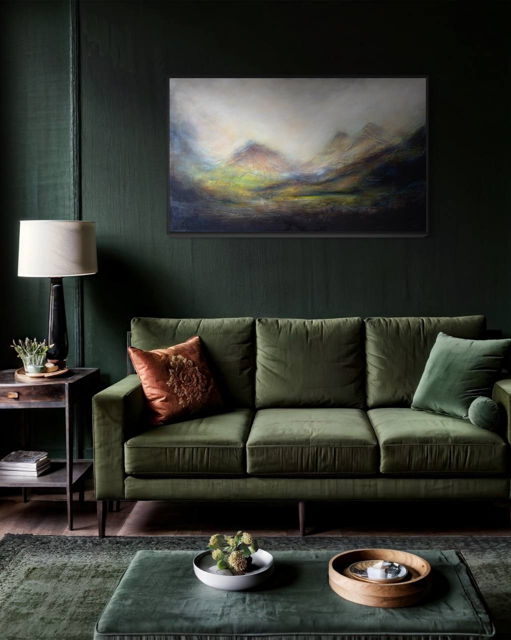 Oil painting depicting the Scottish highlands with misty foreground. Pavel Korshun — Contemporary painter. Original abstract painting