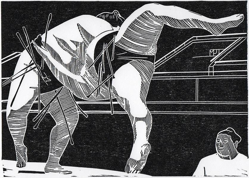 Серия линогравюр Grand Sumo Highlights  по мотивам турниров сумо. Авторская линогравюра, ручная печать на бумаге Ватман Гознак. 大相撲