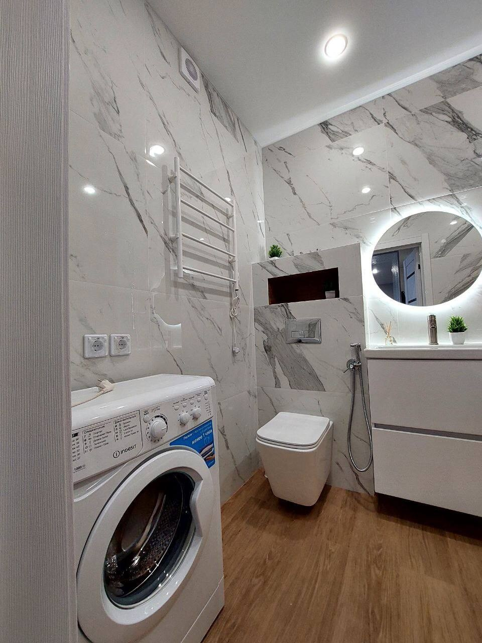 Ванная комната (ЖК Мечта, ул. Мансура Хасанова д. 13). Ремонт санузла, туалета, ванной под ключ в Казани. Укладка плитки