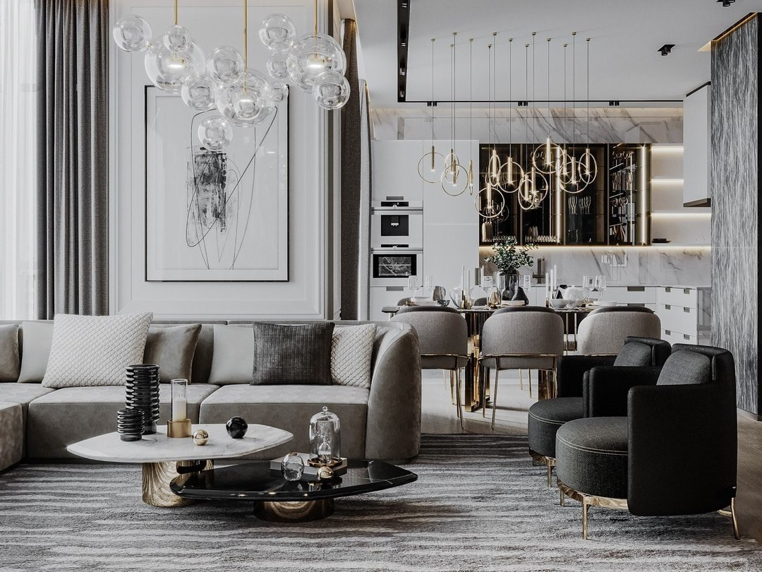Просторная гостиная с кухней-столовой в современном стиле | Проект Валерии Котович