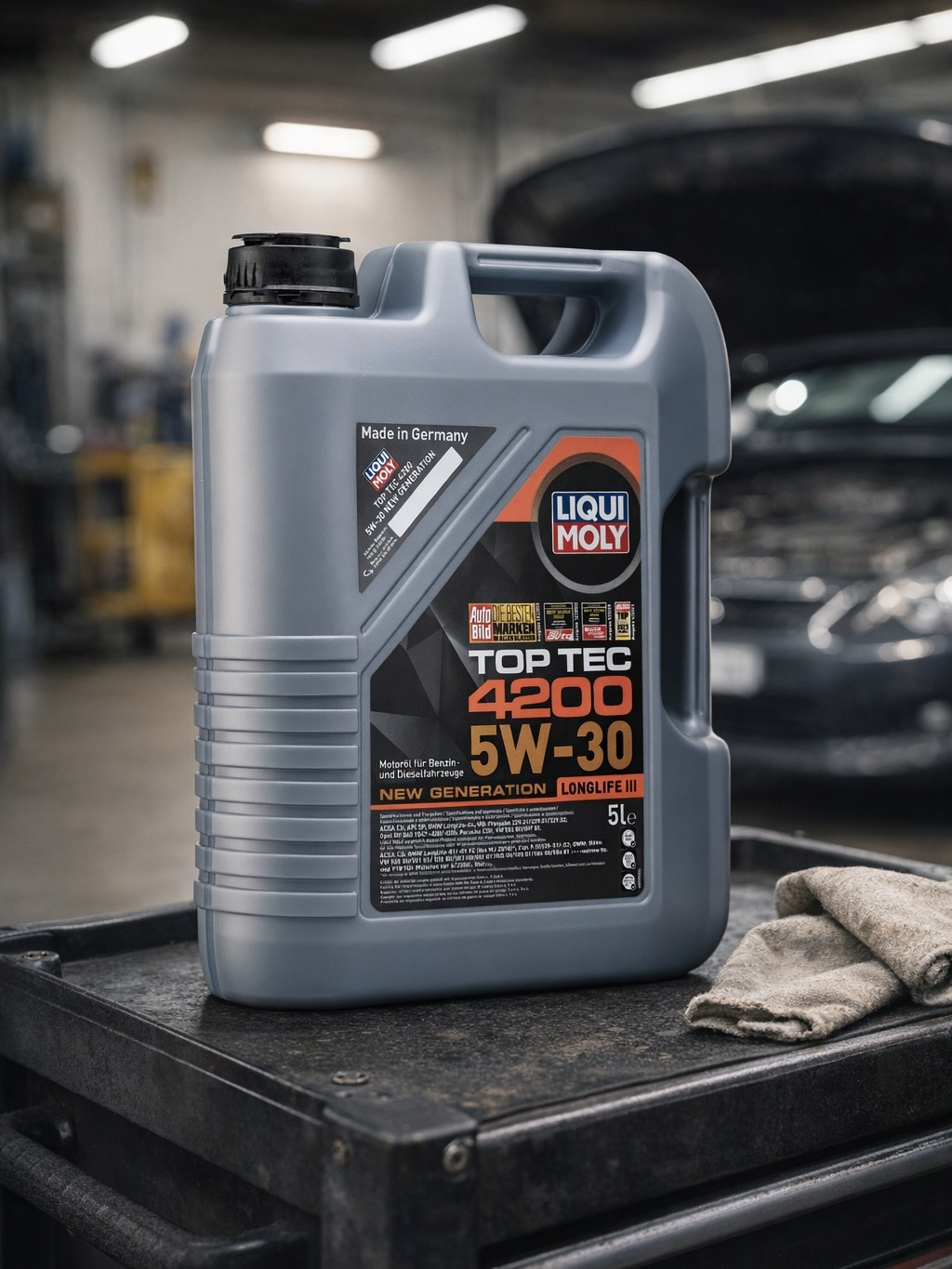 AI-изображение канистры моторного масла Liqui Moly в автомастерской