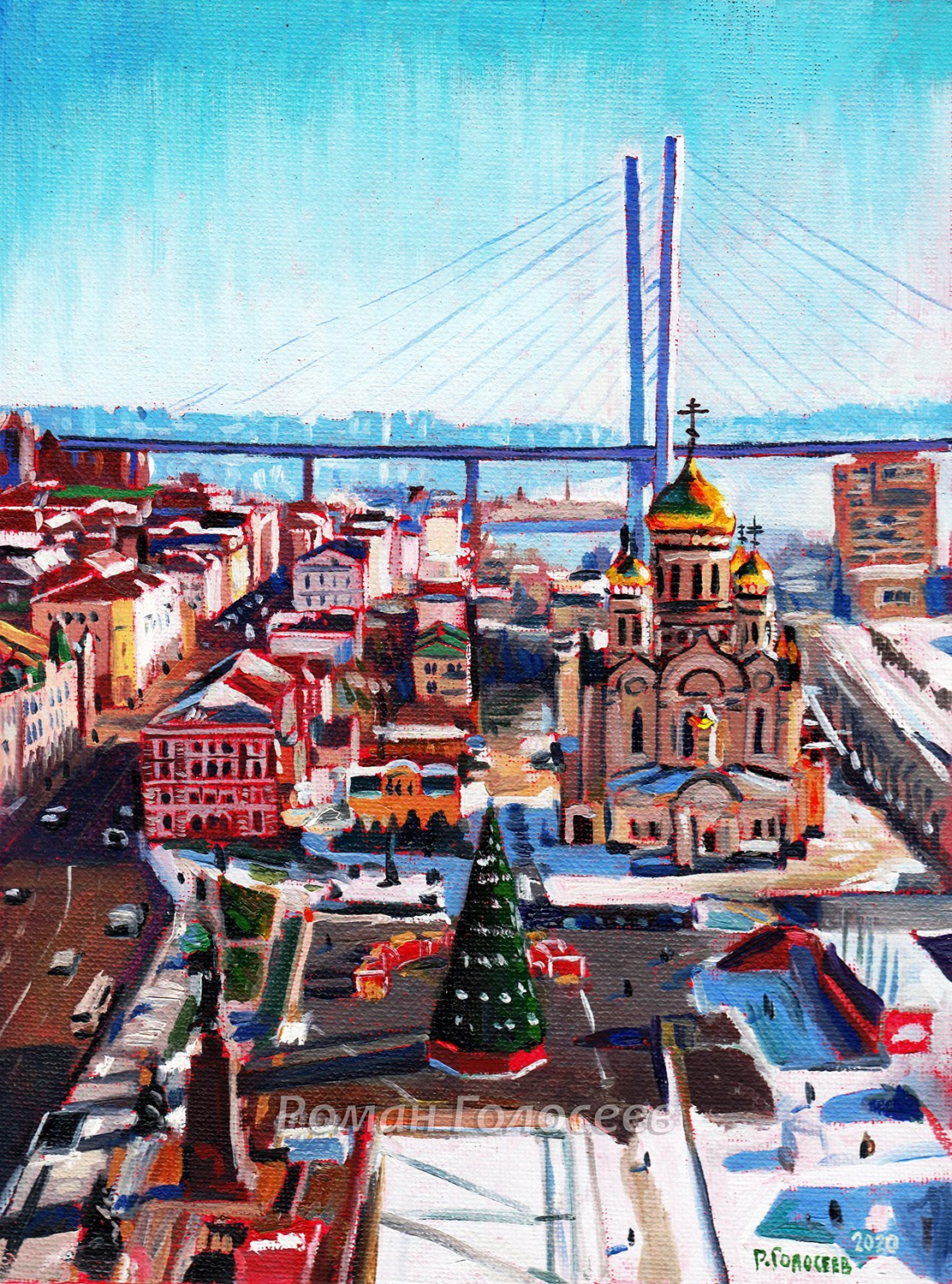 "Украшение площади скоро Новый год", 24х18, холст, масло, 27.12.2020