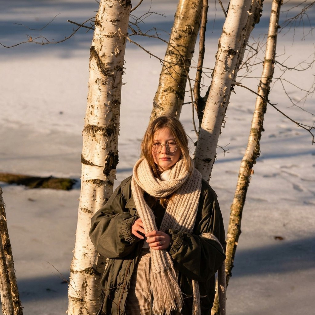 Весенняя фотосессия девушки на фоне ледяного озера и берёз при естественном свете