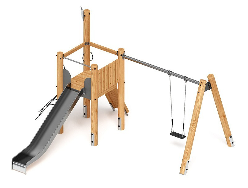 Игровой комплекс (лиственница) ДИК 2.24.03-Л.И1 Габариты (ШхДхВ): 4770х5300х3250 Зона безопасности, мм: 8900х6800 Высота падения 1400 мм. Возрастные ограничения от 5 до 12 лет.