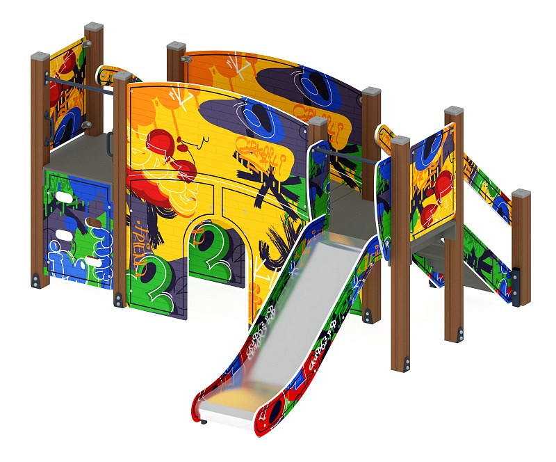Карапуз (Граффити) - ДИК 1.001.01-03 - Игровой комплекс Н=900                                                                                                          Габариты (ШхДхВ): 3060х3320х1750                                                                                                                                                                     Зона безопасности, мм: 6060х6820                                                                                                                                                                          Скат горки: H=900 (металлический скат)