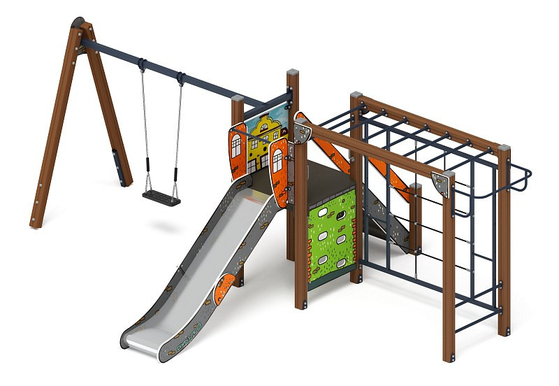 Счастливое детство (Город) - ДИК 2.01.02-01 - Игровой комплекс H=1200                                                                                          Габариты (ШхДхВ): 4080x6340x2500                                                                                                                                                                      Зона безопасности, мм: 8110х7840                                                                                                                                                                     Скат горки: H=1200 (металлический скат)