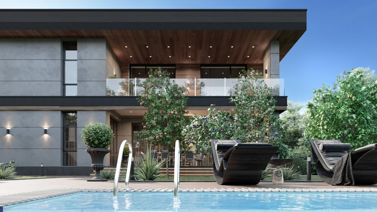 Современный дом в п.Мысхако общей площадью 360 кв.м с бассейном и местом под барбекю. Архитектор Вера Каракезиди