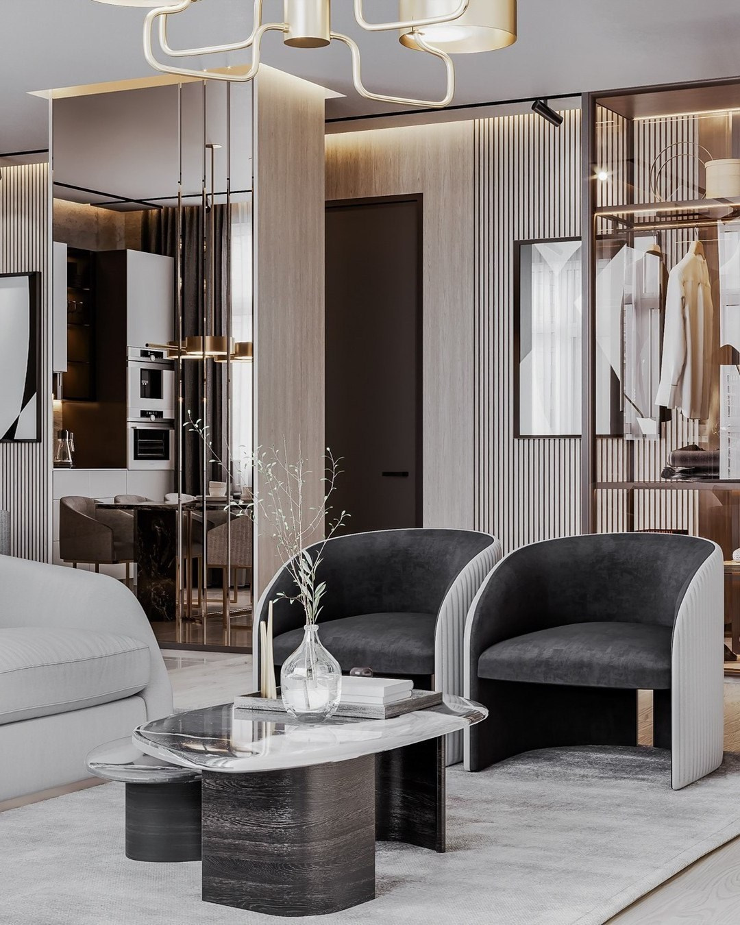 Современная гостиная с черными креслами и мраморным кофейным столиком | Валерия Котович