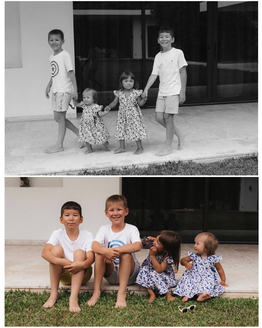 Чёрно-белый кадр: семья идёт рядом по территории виллы