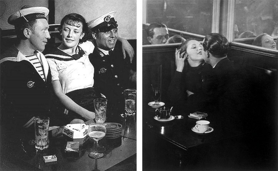 ночная фотография Брассаи с освещением фонарей и кафе