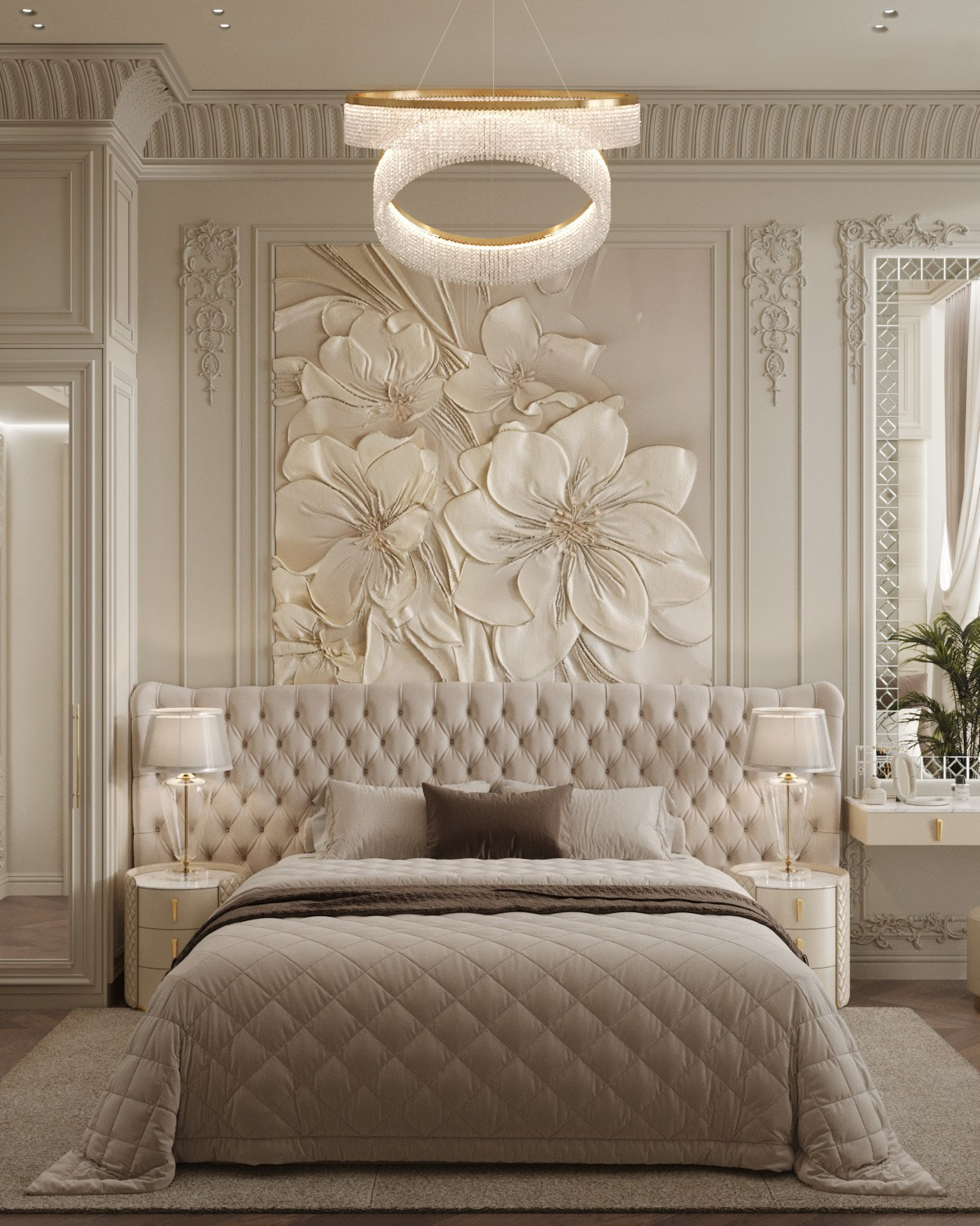 Рендер кровати с объёмной цветочной панелью за изголовьем и симметричными прикроватными тумбами