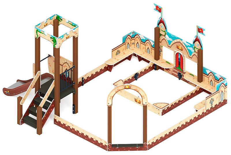 Песочный дворик с горкой Королевство (Замок) - ИО 6.15.01-01 H=750 Габариты (ШхДхВ): 4350x4500x2680 Зона безопасности, мм: 6350х7000