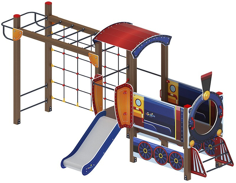 Паровозик (синий) - ДИК 1.03.5.04-01 - Игровой комплекс H=750                                                                                                                        Габариты (ШхДхВ): 5330x2320x2380                                                                                                                                                                     Зона безопасности, мм: 8330х5820                                                                                                                                                                         Скат горки: H=750 (металлический скат)