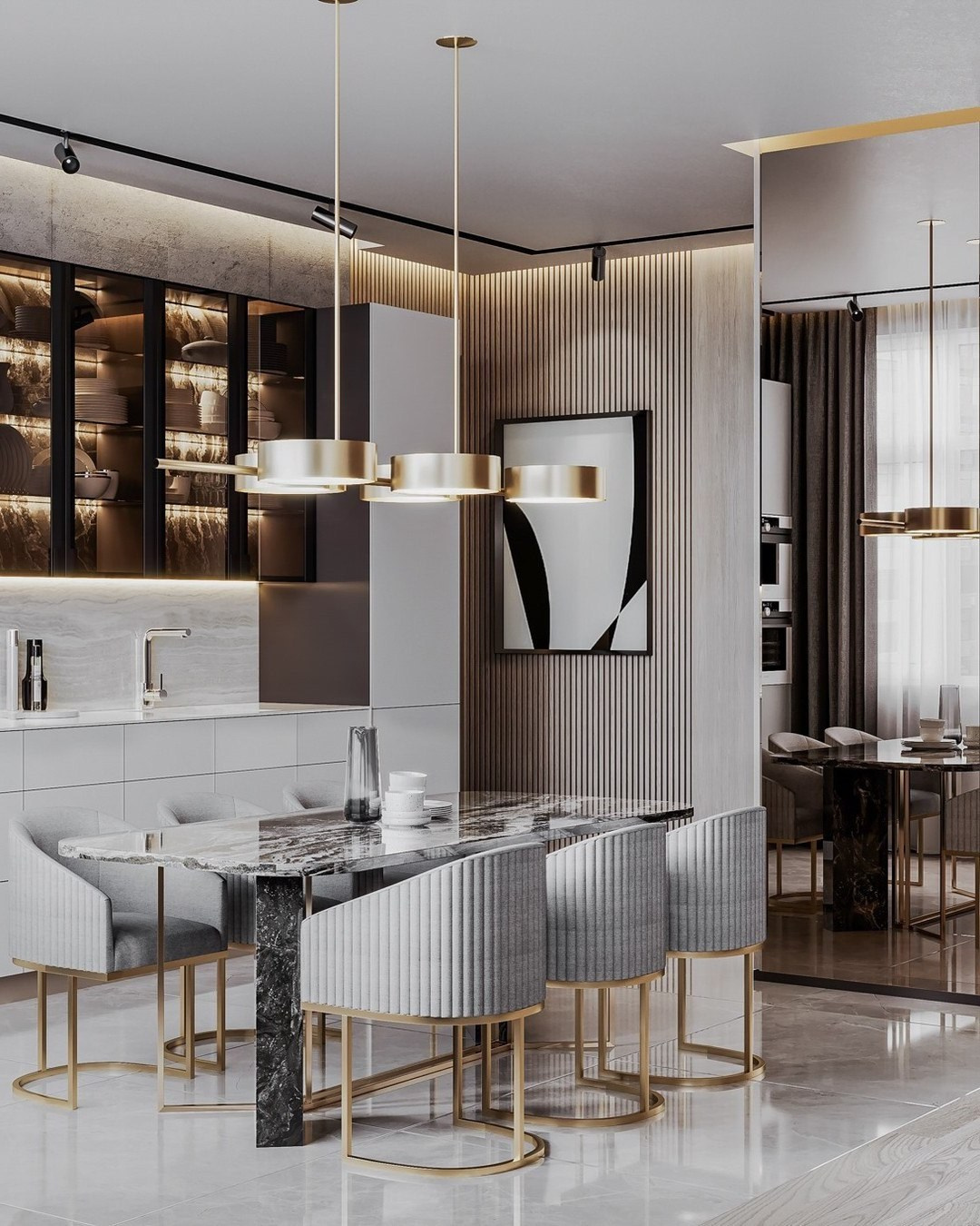 Современная кухня в серых тонах с золотыми подвесами и мраморным столом | Валерия Котович