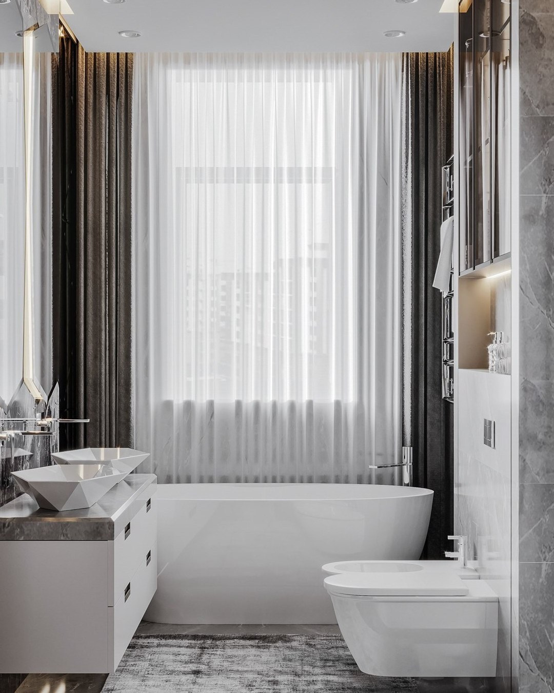 Ванная комната в современном стиле с отдельностоящей ванной и серыми шторами | Валерия Котович