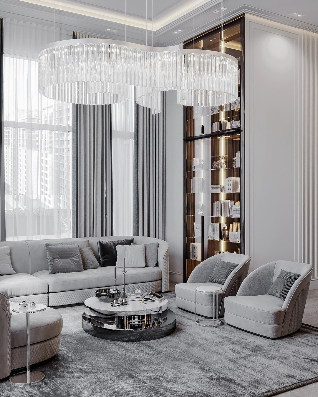 Современная гостиная с панорамными окнами и хрустальными люстрами — проект Валерии Котович