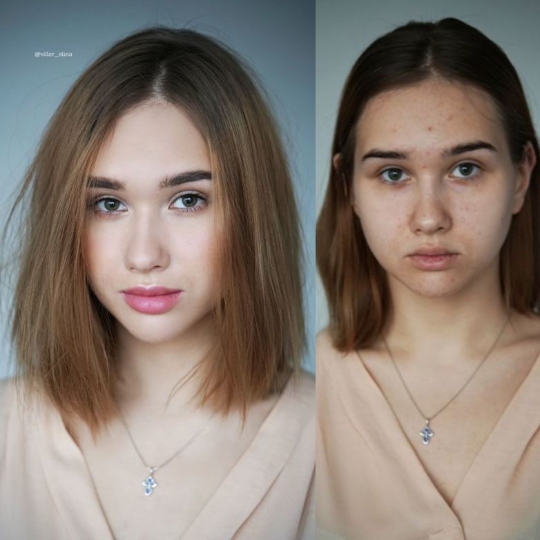 нюдовый дневной макияж до после и укладка с прямыми волосами 