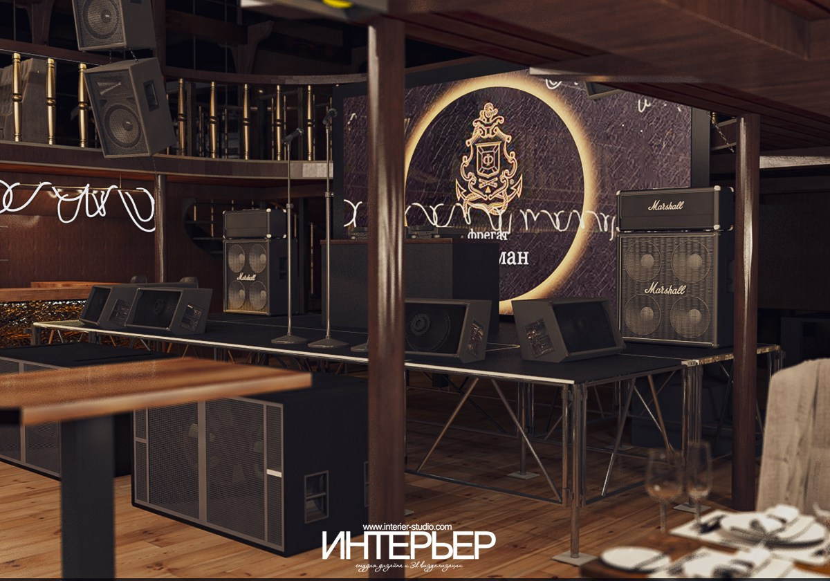 Ночной клуб на фрегате «Флагман», г. Великий Новгород. Дизайн интерьера, 3D визуализация и 3D моделирование. Создание проектов и чертежей. КМВ: Кисловодск, Пятигорск, Ессентуки и удаленно