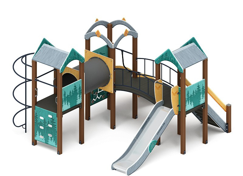 Городок (Тайга) - ДИК 2.01.3.03-23 - Игровой комплекс H=1200                                                                                                             Габариты (ШхДхВ): 4500x4500x3000                                                                                                                                                                     Зона безопасности, мм: 7910х7500                                                                                                                                                                                 Скат горки: H=1200 (металлический скат)