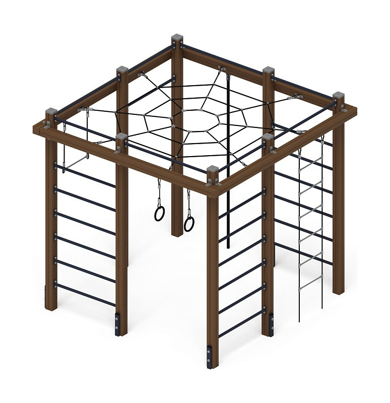 Спортивный комплекс Маугли - СК 2.02.02-01 Габариты (ШхДхВ): 2600х2600х2500 Зона безопасности, мм: 5600х5600 Возрастные ограничения 5-12 лет