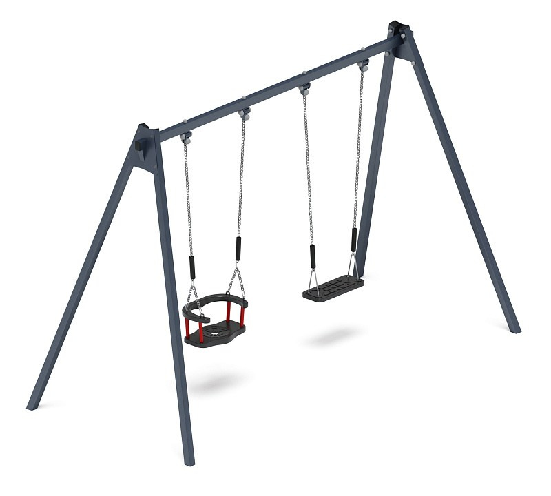 Качели двойные М2 - ИО 12.М.01.02.03-И1 Габариты (ШхДхВ): 3115х1460х2070 Зона безопасности, мм: 3200х7000 Возрастные ограничения от 3 лет, весом не более 70 кг