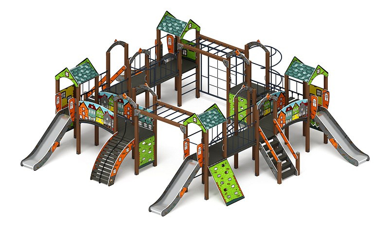 Остров детства (Город) - ДИК 2.01.8.01-01 - Игровой комплекс H=1200                                                                                               Габариты (ШхДхВ): 9100x10700x3000                                                                                                                                                                   Зона безопасности, мм: 12600х14700                                                                                                                                                                     Скат горки: H=1200 (металлический скат)