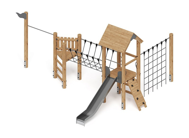 Игровой комплекс (лиственница) ДИК 2.24.05-Л.И1 Габариты (ШхДхВ): 6200х7500х3900 Зона безопасности, мм: 9700х10500 Высота падения 1500 мм. Возрастные ограничения от 5 до 12 лет.