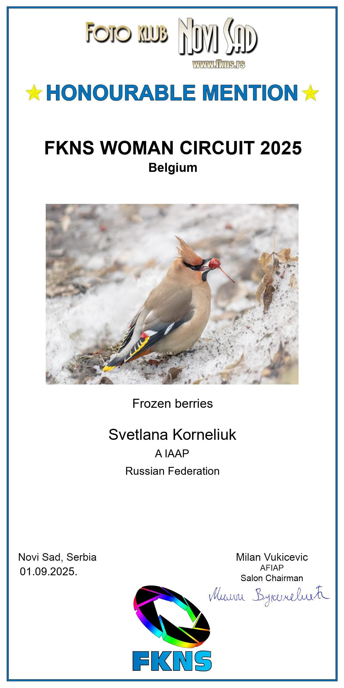 Диплом Honorable Mention -Почетное упоминание в международном конкурсе FKNS WOMAN CIRCUIT 2025