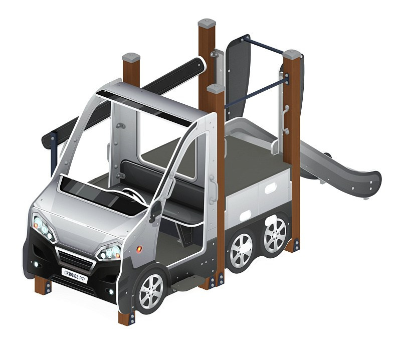 Машинка (серый) тип 4 - ДИК 1.03.1.04-02 - Игровой комплекс H=750                                                                                       Габариты (ШхДхВ): 3460x2110x1700                                                                                                                                                                     Зона безопасности, мм: 6960х5110                                                                                                                                                                        Скат горки: H=750 (металлический скат)