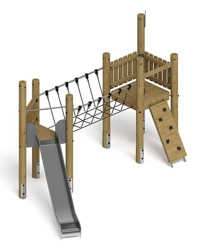 Игровой комплекс (лиственница орех) ДИК 2.24.05-Л.02.И1.02 Габариты (ШхДхВ): 5940х3500х3200 Зона безопасности, мм: 9440х7000 Высота падения 1500 мм. Возрастные ограничения от 5 до 12 лет.