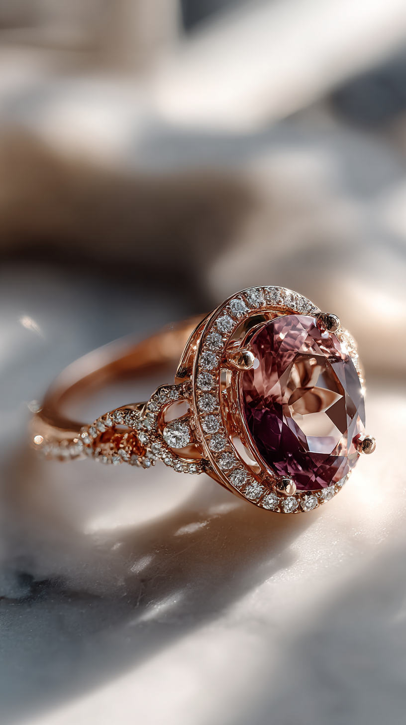 AI-фото кольца с крупным розовым камнем на солнечном свете, нейро-контент для ювелирного бренда, AI-визуал премиальная предметная съёмка украшений