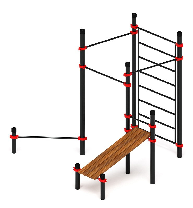 Воркаут 108 красный ВТ 12.17-01 Габариты (ШхДхВ):3230х2840х2600 Зона безопасности, мм:6230х5840 Возрастные ограничения от 14 лет, весом не более 100 кг