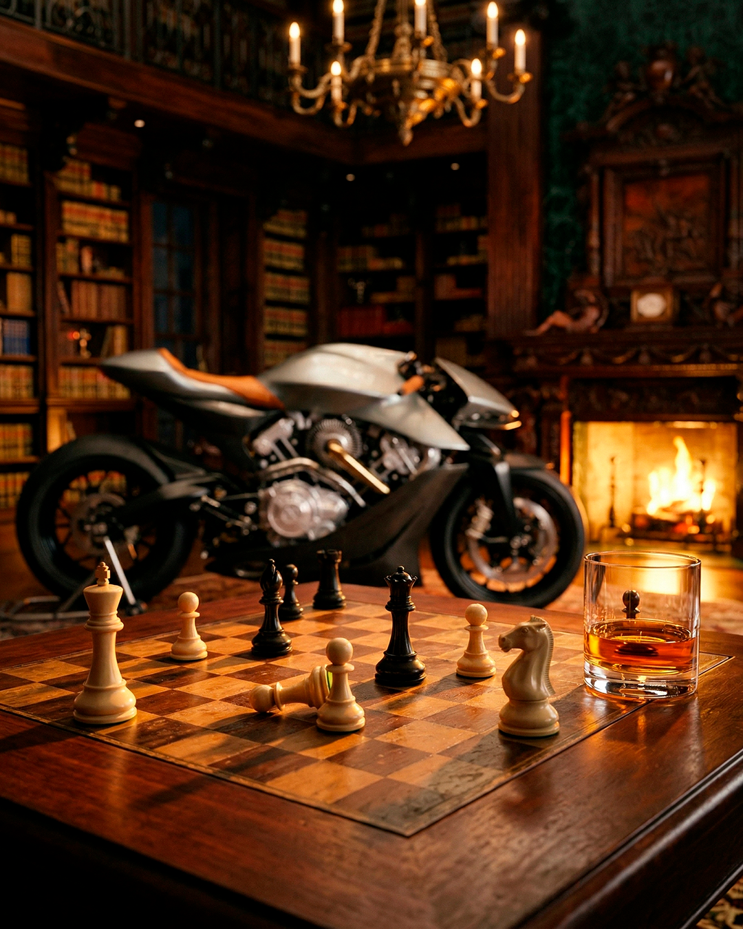 CGI натюрморт с антикварной шахматной доской на первом плане — незаконченная партия, фигуры из слоновой кости и эбена, один пешка опрокинут. Рядом кристальный стакан с янтарным виски. На заднем плане в мягком боке — мотоцикл Brough Superior AMB 001 и викторианский камин с живым огнём и хрустальная люстра со свечами.